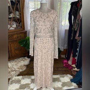 Mac Duggal Beige Beaded Tea Length Dress w/ Sheer Sleeves